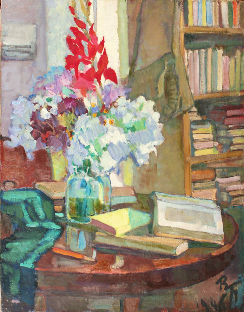 Белкин В. П. Цветы и книги. Натюрморт. 1946. х., м. 77х60